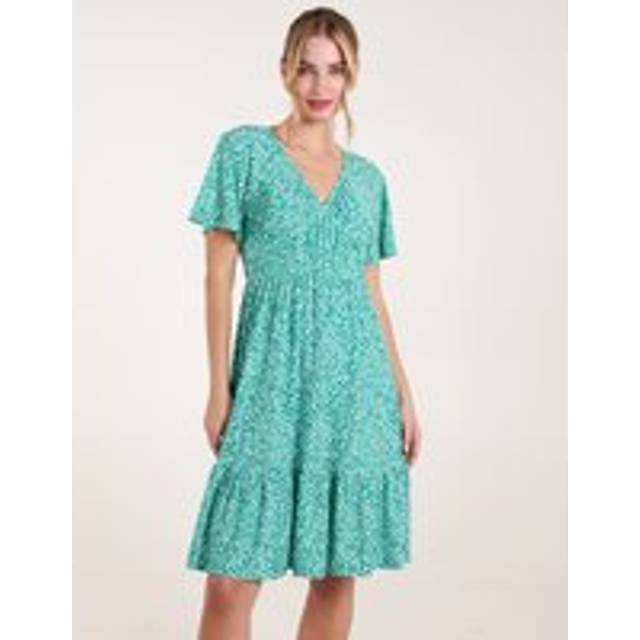 Blue Vanilla Women's Green Ditsy Printed Angel Sleeve Elasticated V Neck Dress New Look - M/L