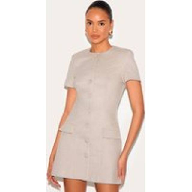 Mushroom Herringbone Tailored Short Sleeve Mini Dress, Mushroom - 6