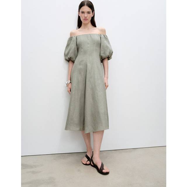 Mango Menorca Linen Puff Sleeve Bardot Midi Dress, Green