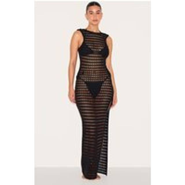 Black Backless Crochet Maxi Beach Dress, Black - S