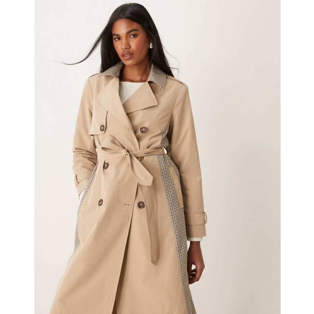 New Look Women's Beige Check Trimmed Trench Coat - UK 12