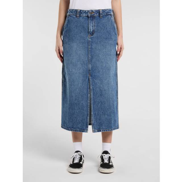 Dickies – Blekblå, lång snickarkjol i denim med slits framtill och sköljtvättad finish
