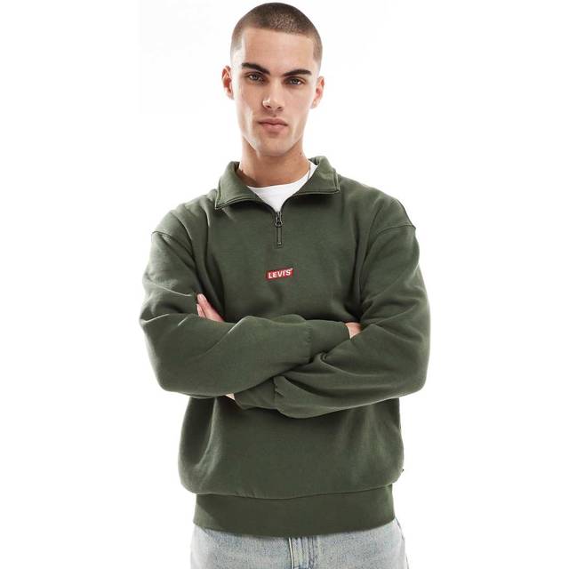 Levi's – Mellangrön, avslappnad sweatshirt med centrerad, liten logga och halvlång dragkedja-Grön/a