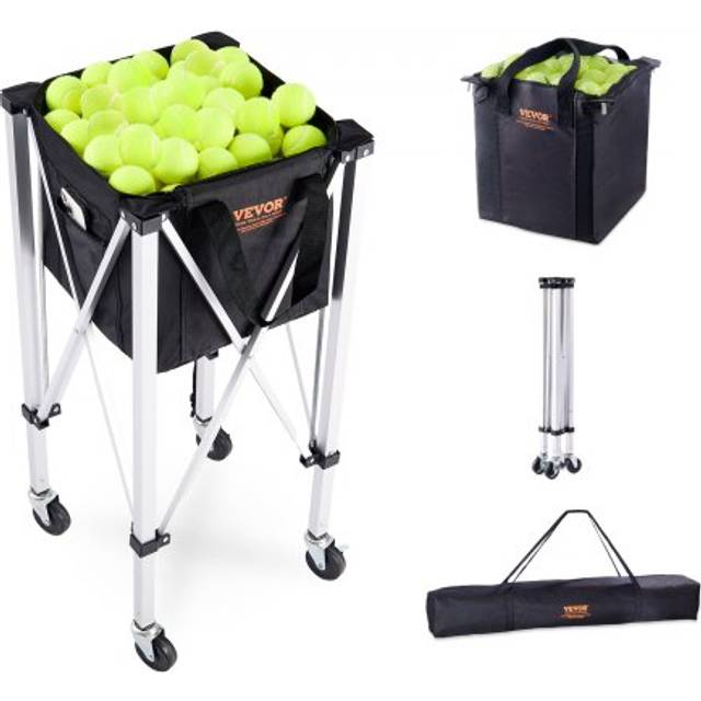 VEVOR Foldable Tennis Ball Hopper, Holds 180 Tennis Balls, Lightweight Aluminum Alloy Tennis Ball Basket Cart with Wheels, Removable Bag, Carry Bag, Portable Sports Teaching Cart for Tennis Player