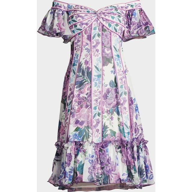 Off-Shoulder Empire Flounce Dress - WHITEPURPLE FLORAL - 14