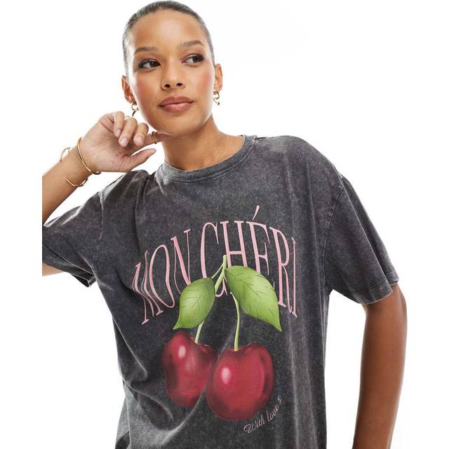 New Look Women's Dark Grey Acid Wash Mon Cheri Print T-Shirt - UK 16