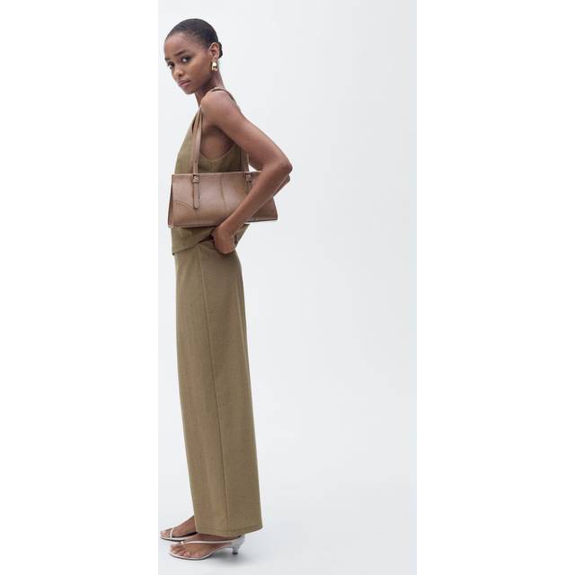 Mango Catleen Cotton Blend Wide Leg Cropped Trousers, Khaki