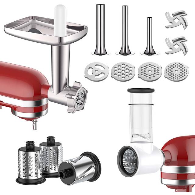 Meat Grinder & Slicer Shredder Attachments for KitchenAid Stand Mixer  Meat Grinder with Sausage Stuffer Tubesand and Slicer Shredder Set  2 Pcs Attac