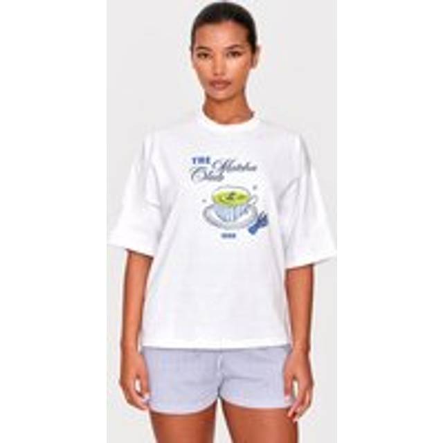 White Matcha Print Oversized Tee PJ Set, White - L