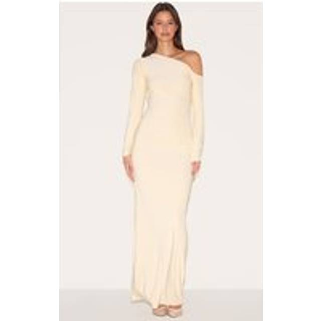 Butter Yellow Double Slinky Asymmetric Neckline Maxi Dress, Butter Yellow - 4