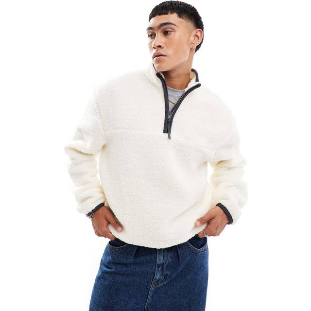 ASOS DESIGN – Gräddvit sweatshirt i teddy med boxig oversize passform och kvartslång dragkedja-Vit/a