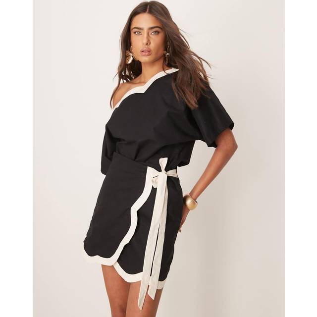 Never Fully Dressed Jaspre Scallop Edge Cotton Linen Mini Skirt, Black/White