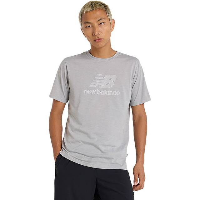 New Balance Men's Heathertech Logo T-Shirt in Grey Poly Knit, size Large