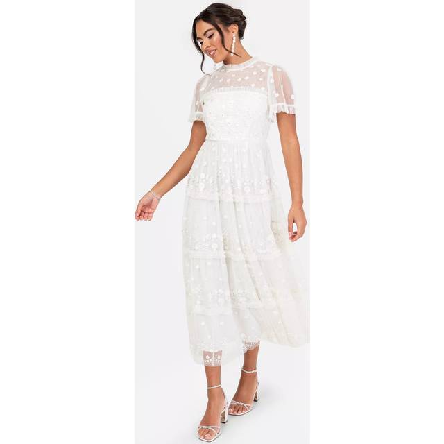 Maya Deluxe Floral Embroidered High Neck Tiered Wedding Dress, White