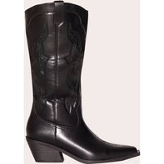 Black Pu Point Toe Western Calf High Boots, Black - 3