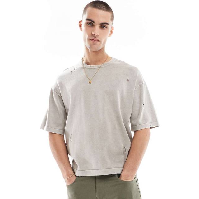 Bershka – Beige, tvättad, stickad t-shirt-Naturlig