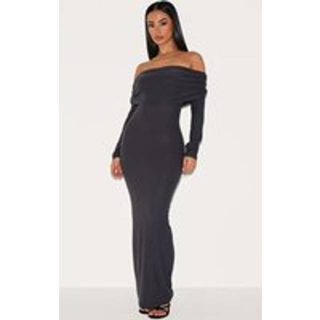 Petite Charcoal Soft Touch Bardot Long Sleeve Maxi Dress, Grey - XS