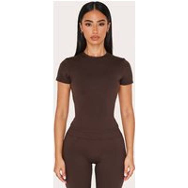 Petite Espresso Sculpt Longline Short Sleeve Gym Top, Espresso