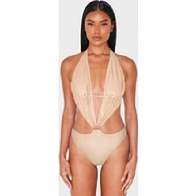 Beige Plunge O Ring Cut Out Swimsuit, Camel - 4
