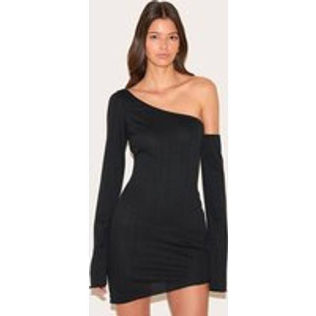 Black Textured Long Sleeve Asymmetric Mini Dress, Black - 8