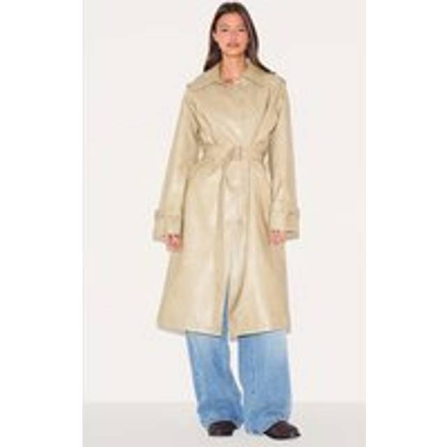 Cream Mid Length Faux Leather Trench Coat, White - 12