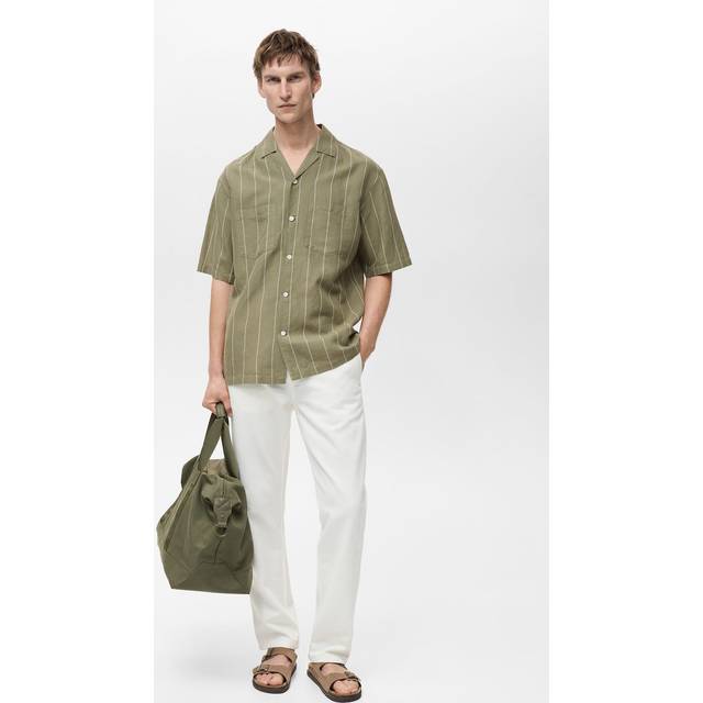 Mango Essauira Stripe Linen Short Sleeve Shirt, Green
