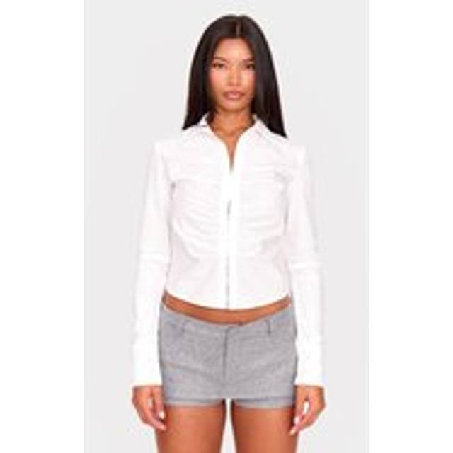 White Hook And Eye Ruched Fitted Shirt, White - 6