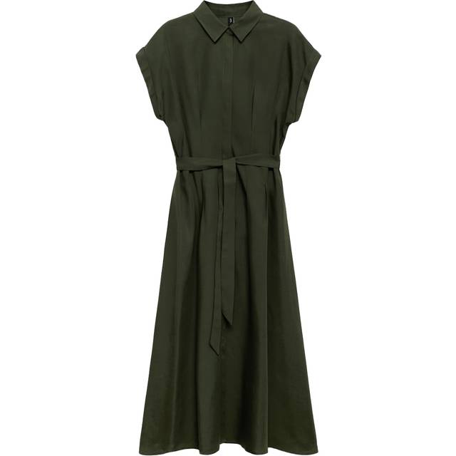 Mango Casino Linen Blend Belted Sleeveless Shirt Midi Dress, Khaki