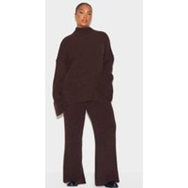 Plus Chocolate Rib Boucle Knit Wide Leg Trousers, Chocolate - XXL