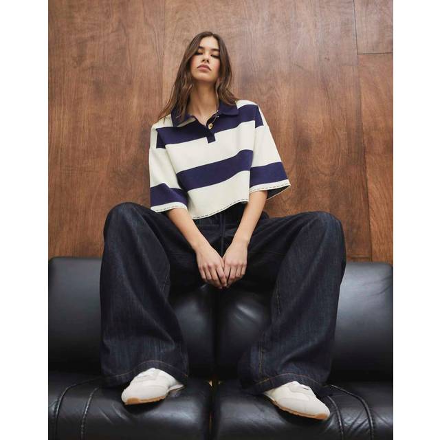 River Island Womens Navy Cropped Stripe Polo Shirt - L
