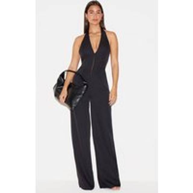 Black Woven Halter Neck Hook And Eye Detail Wide Leg Jumpsuit, Black - 8