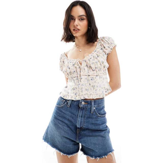 New Look Women's Off White Floral Print Pintuck Milkmaid Top - UK 8