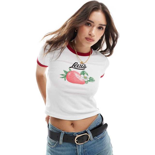 Levi's – Vit t-shirt med kantrand och jordgubbstryck-Vit/a