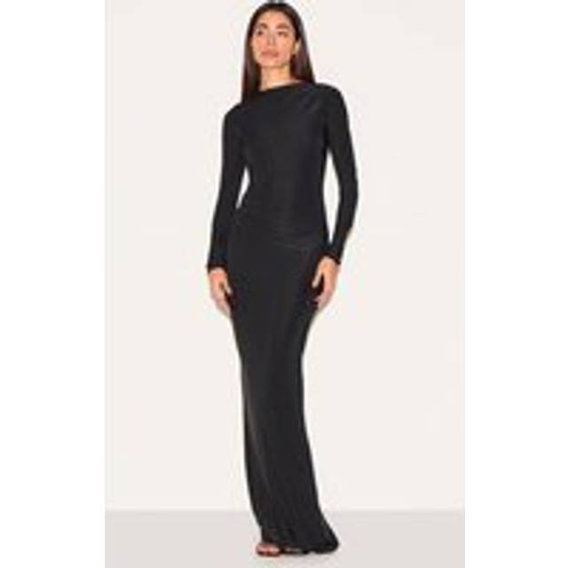 Black Slinky Long Sleeve Open Back Maxi Dress, Black - 12