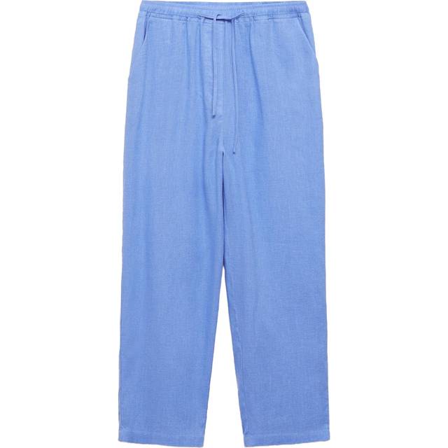 Mango Tie Waist Linen Rich Trousers, Medium Blue