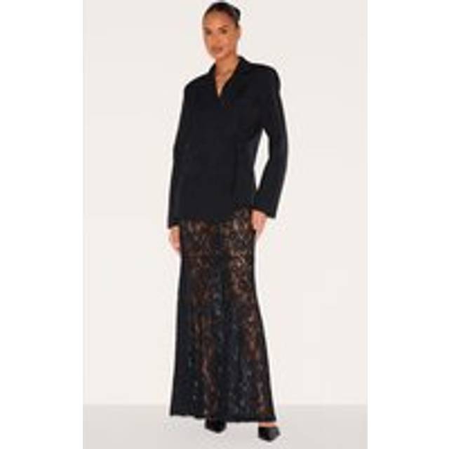Black Floral Lace Sheer Maxi Skirt, Black - 4