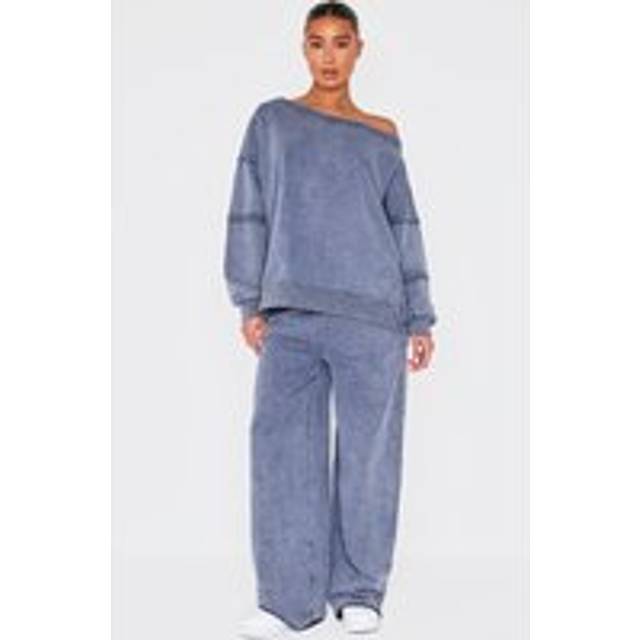 Blue Grey Washed Embossed Thin Waistband Wide Leg Joggers, Blue Grey - XS