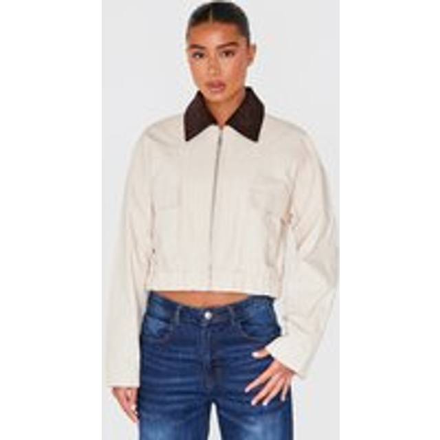 Beige Contrast Collar Twill Jacket, Camel - XL
