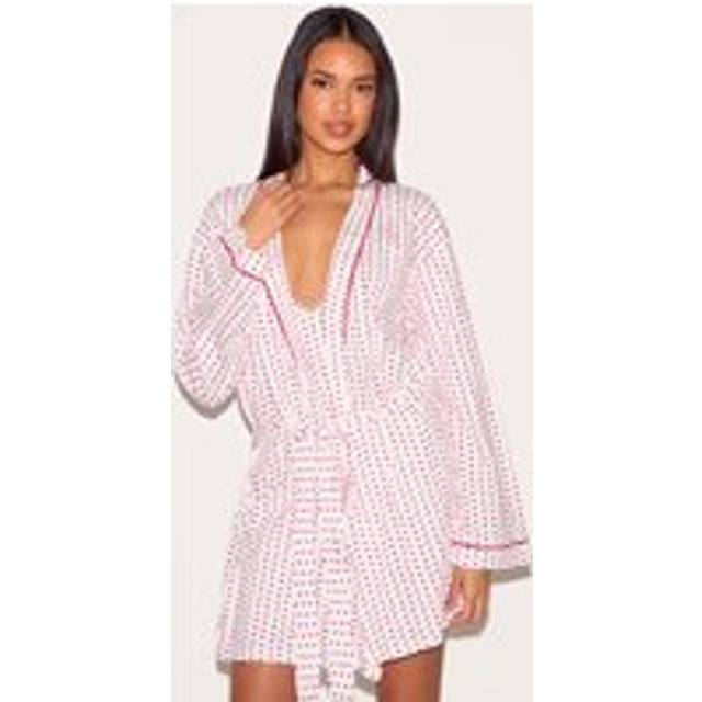 White Heart Print Jersey Robe, White - S