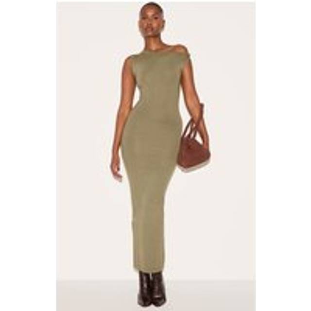 Olive Basic Knit Asymmetric Twist Sleeve Maxi Dress, Green