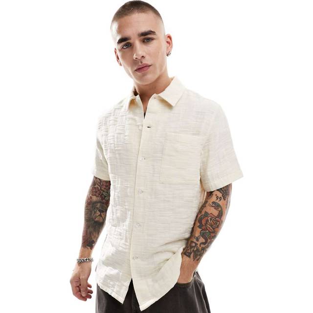Farah Fleet Check Short Sleeve Casual Fit Shirt - Cream, Cream, Size M, Men