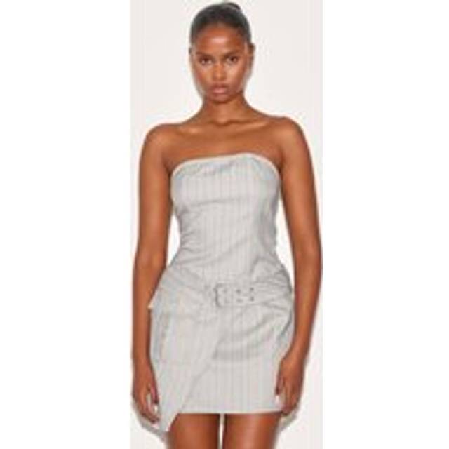 Grey Pinstripe Bandeau Belted Pocket Detail Shift Dress, Grey - 10