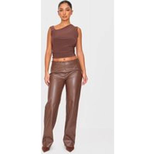 Petite Chocolate Faux Leather Lace Up Straight Leg Trousers, Chocolate - 14