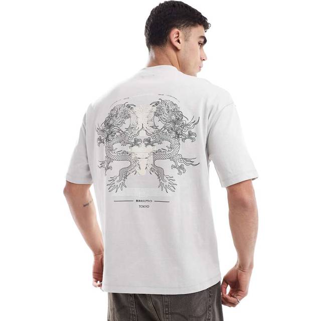 River Island Oversized High Build Dragon Back Graphic T-shirt - Grey, Grey, Size M, Men