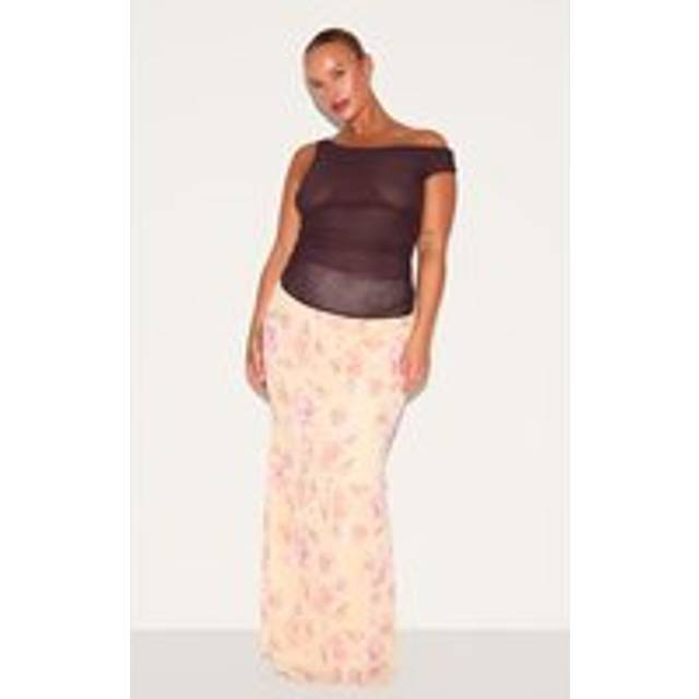 Plus Lemon Floral Printed Low Rise Fishtail Maxi Skirt, Lemon - 20