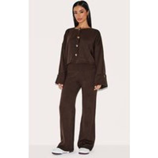 Petite Chocolate Knitted Fold Over Flare Trousers, Chocolate - L