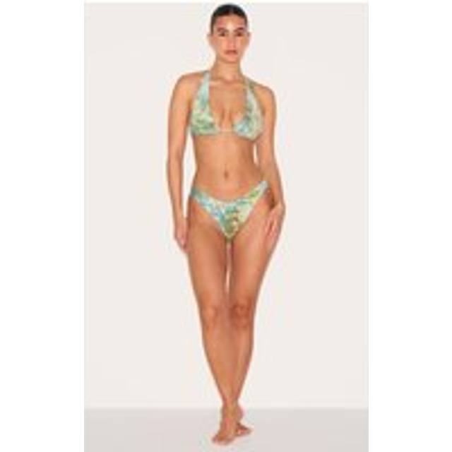 Green Mottled Print Halter Neck Bikini Top, Green - 4