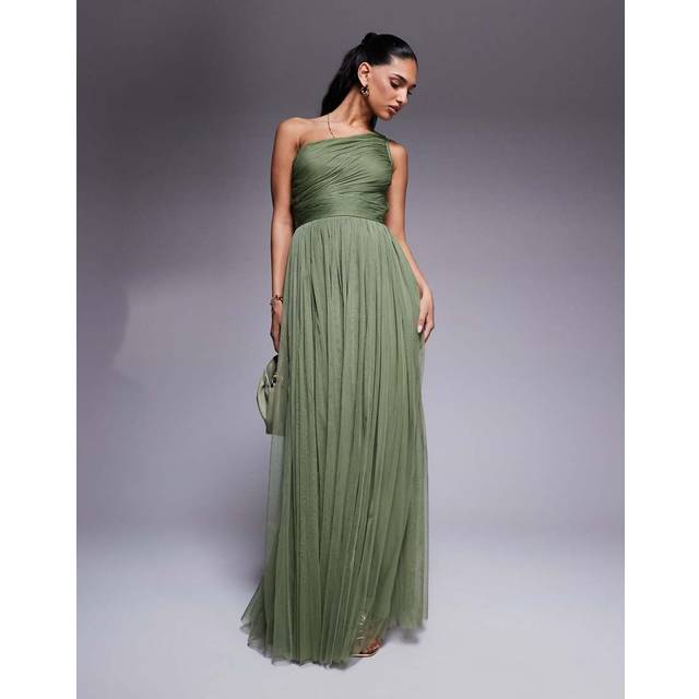 Lace & Beads Textured Asymmetric Maxi Dress, Green