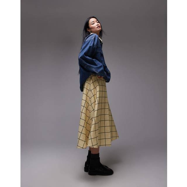 Topshop – Gul, storrutig kjol i vid modell