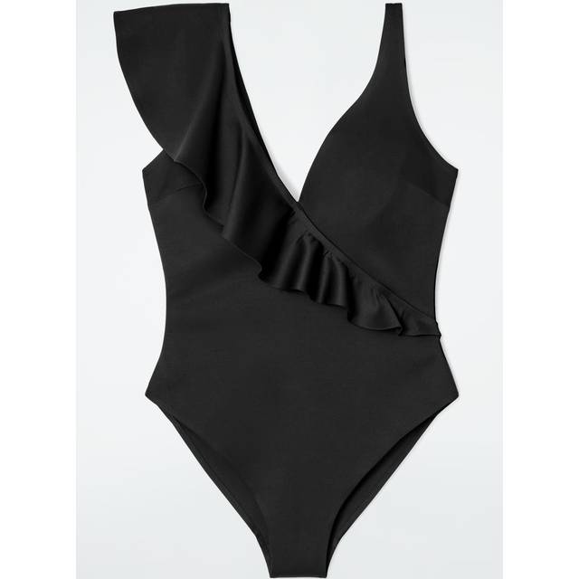 Asymmetric Ruffled Swimsuit - Black - 44